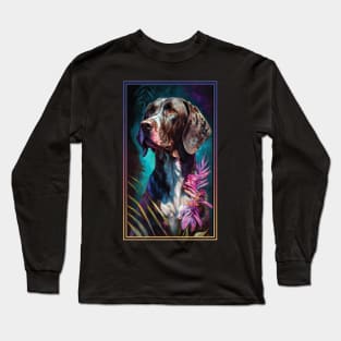 German Shorthair Pointer Dog Vibrant Tropical Flower Tall Digital Oil Painting Portrait 2 Long Sleeve T-Shirt